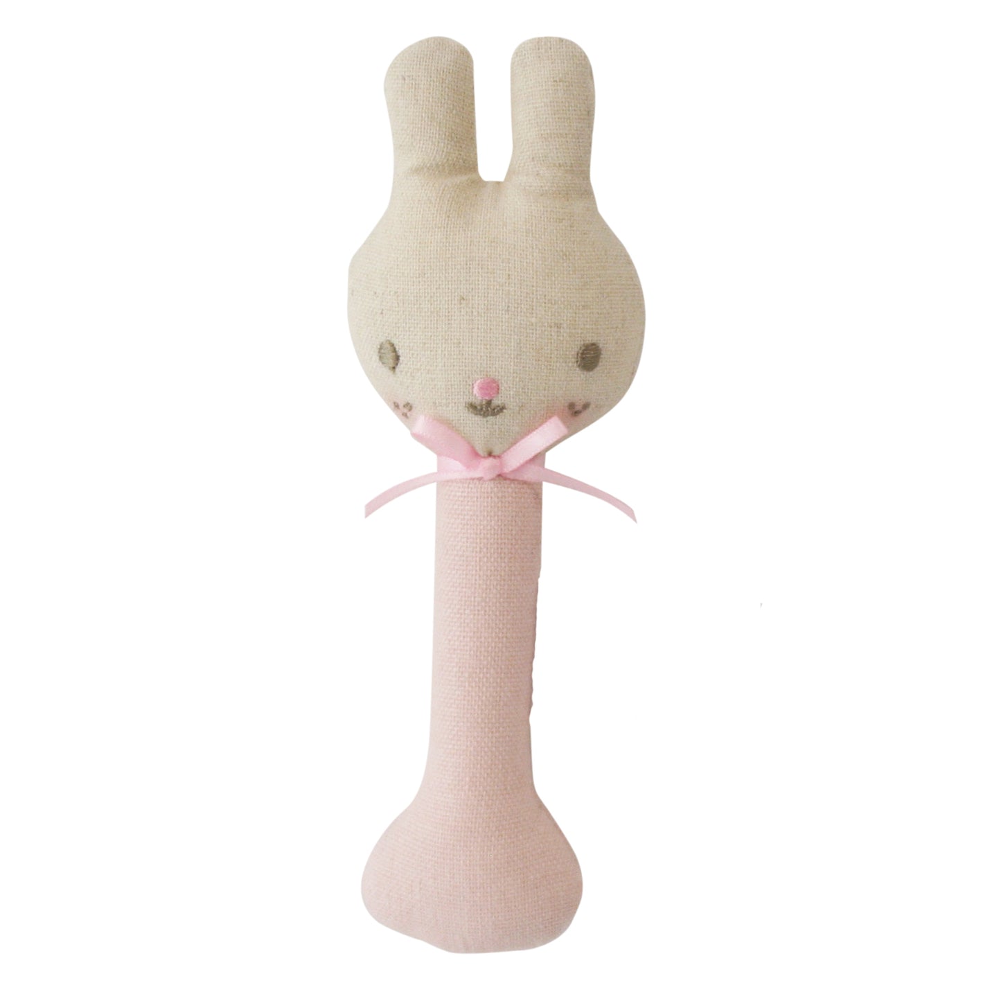 Soft linen bunny rattle with beige head and pink handle, tied with pink ribbon bow.