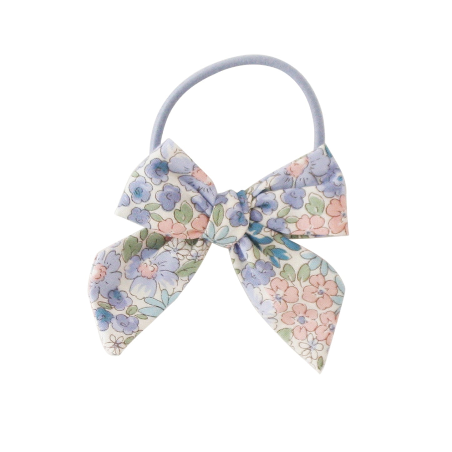 Alimrose Bow Hair Tie in Liberty Blue fabric, featuring a floral design, perfect for kids and adults.