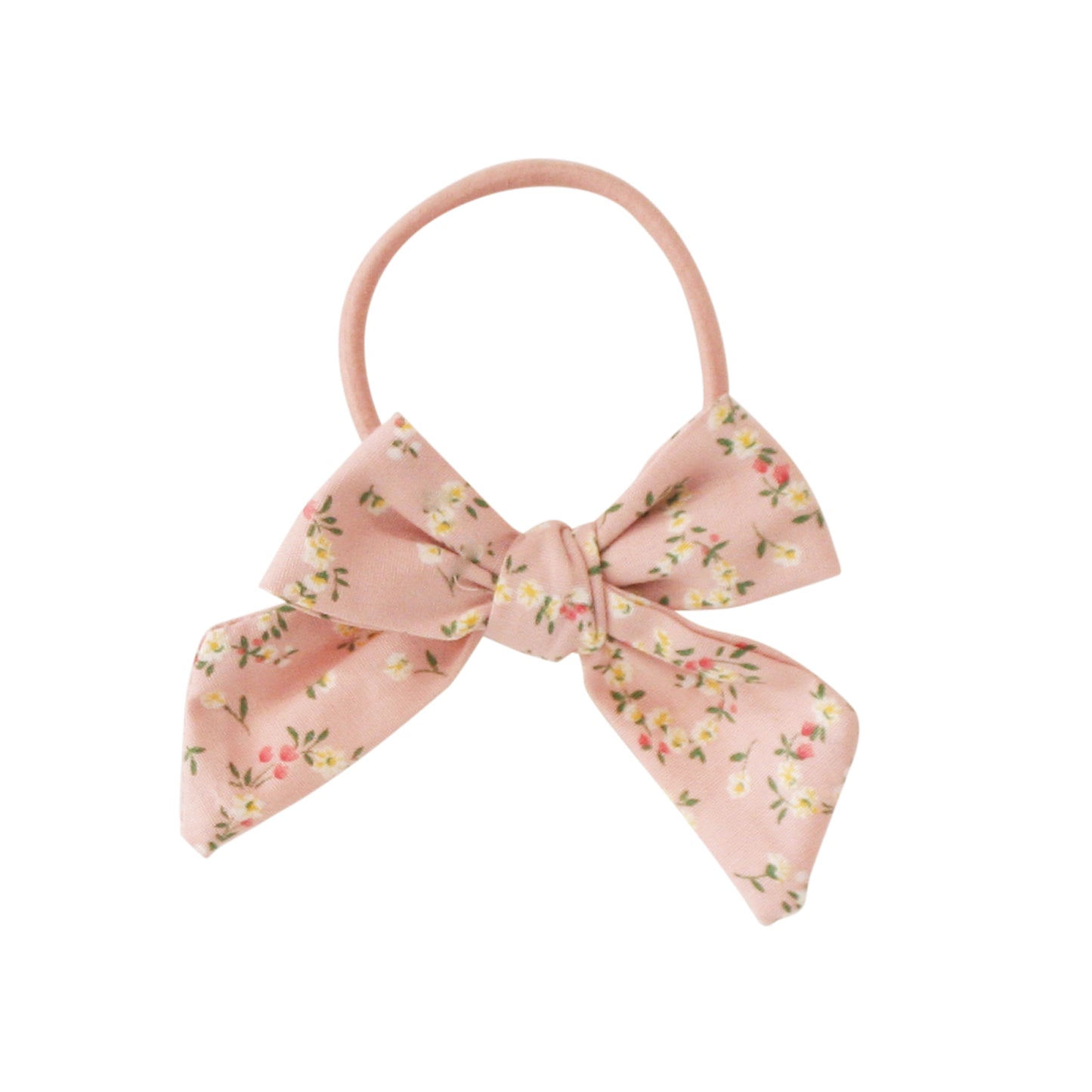 Alimrose Bow Hair Tie in Posy Heart fabric, pink floral design, perfect for stylish hairdos and playful elegance.