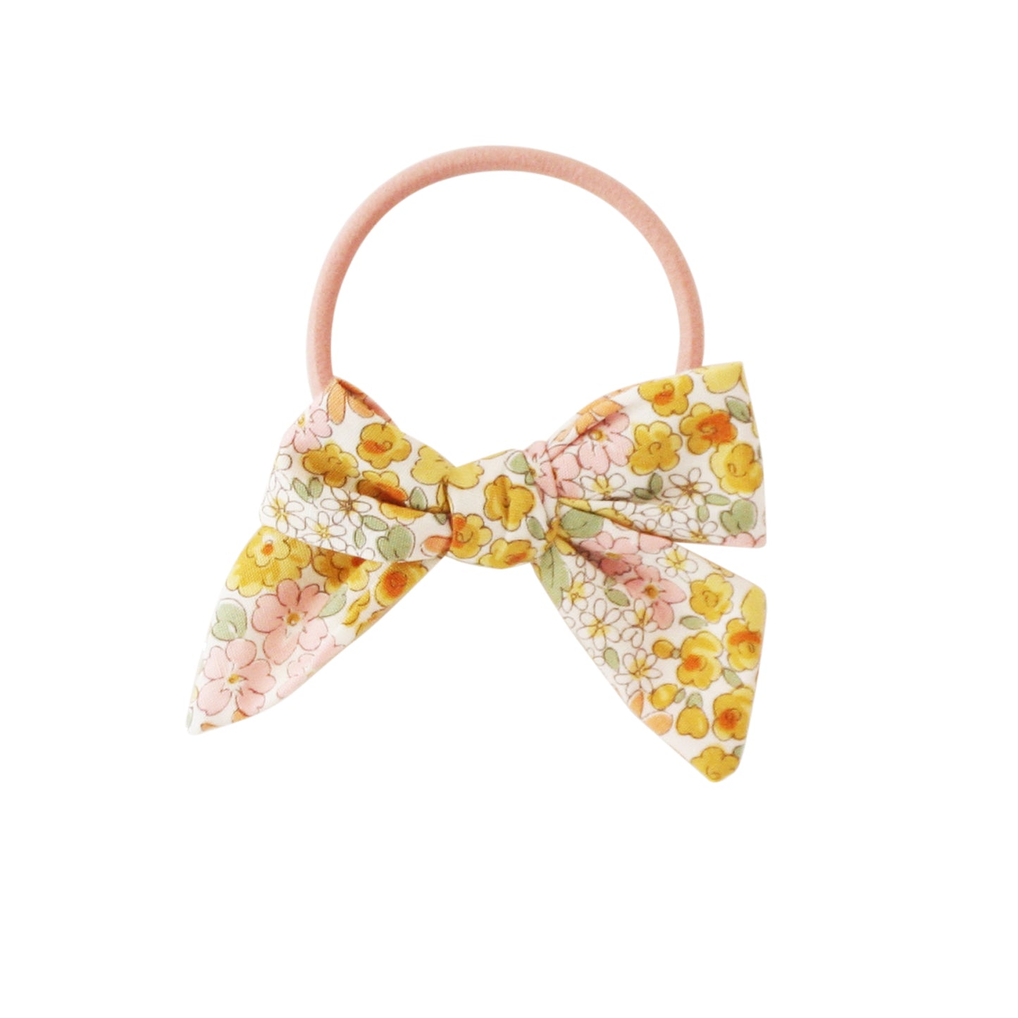 Alimrose Bow Hair Tie in Sweet Marigold fabric with floral design, perfect for playful and elegant hairstyles.