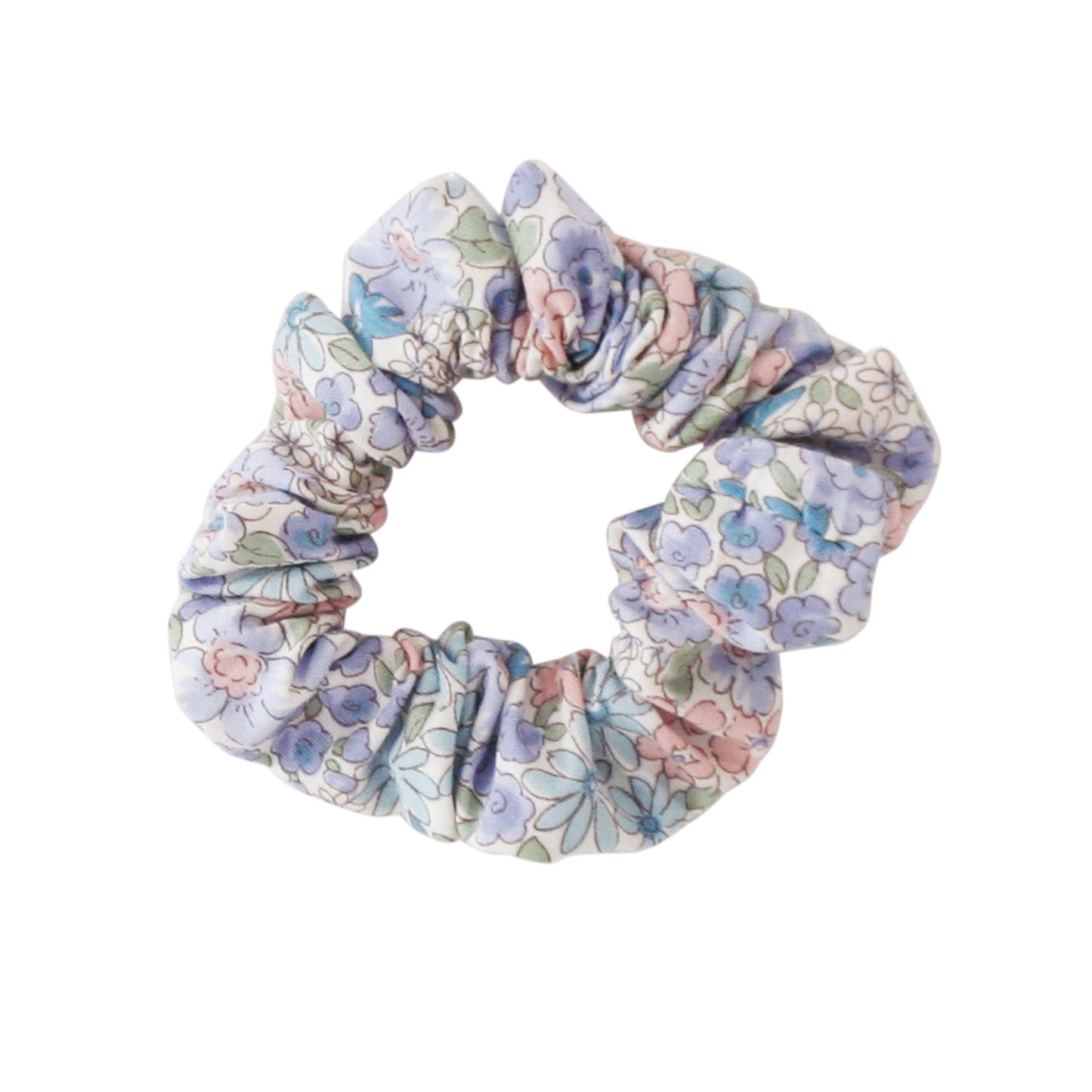 Blue fabric scrunchie with pastel floral pattern and ruffled texture.