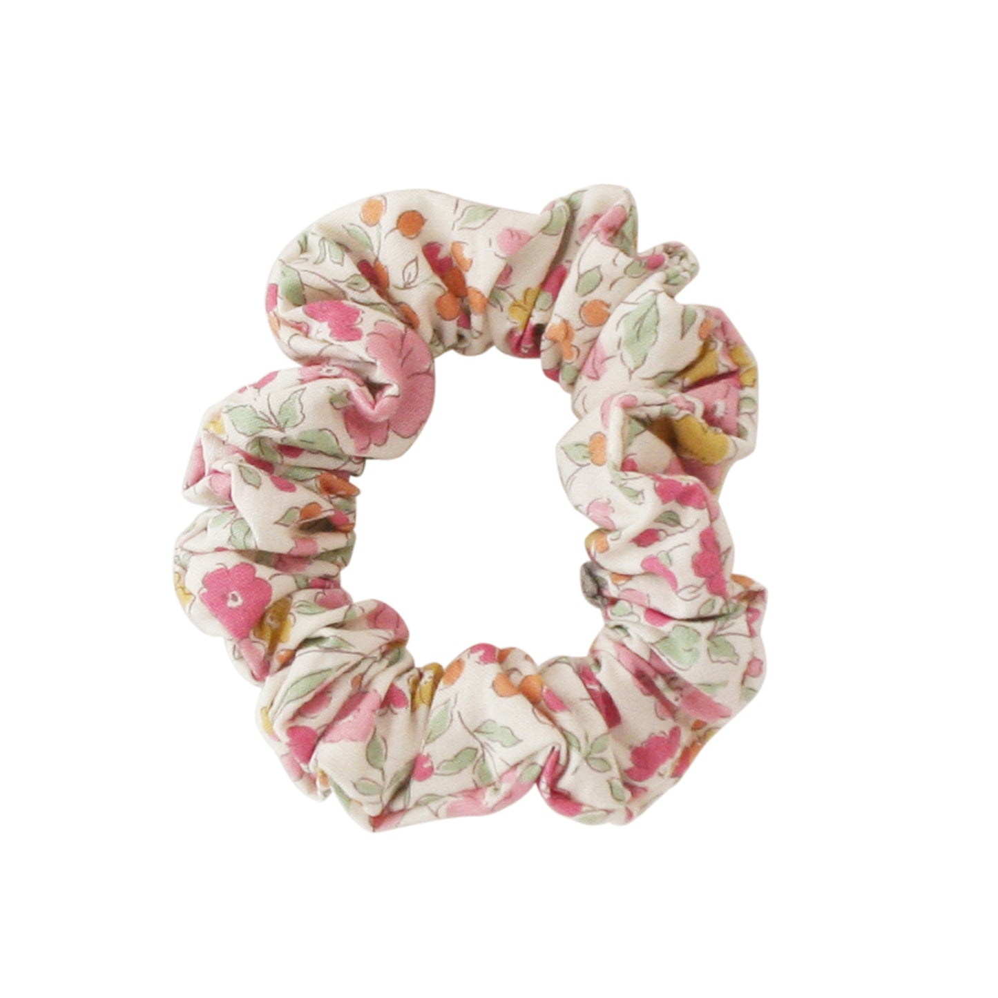 Alimrose floral hair scrunchie in soft cotton with pink and orange flowers, perfect accessory for little fashionistas.