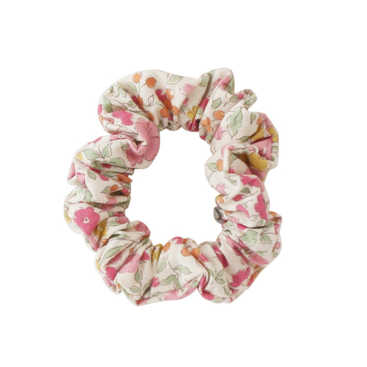 Alimrose floral hair scrunchie in soft cotton with pink and orange flowers, perfect accessory for little fashionistas.