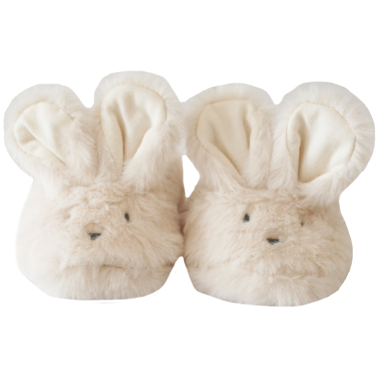 Ivory plush baby booties shaped like bunny heads with floppy ears and embroidered facial features.