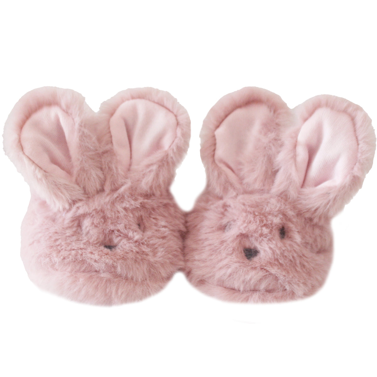 Soft pink plush baby booties shaped like bunny faces with large floppy ears.