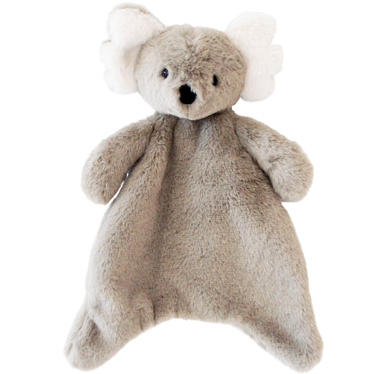 Grey plush baby koala comforter with soft fabric and embroidered facial features.