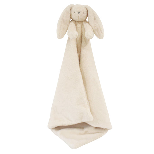 Ivory plush lovey blanket with a soft bunny head and long floppy ears.