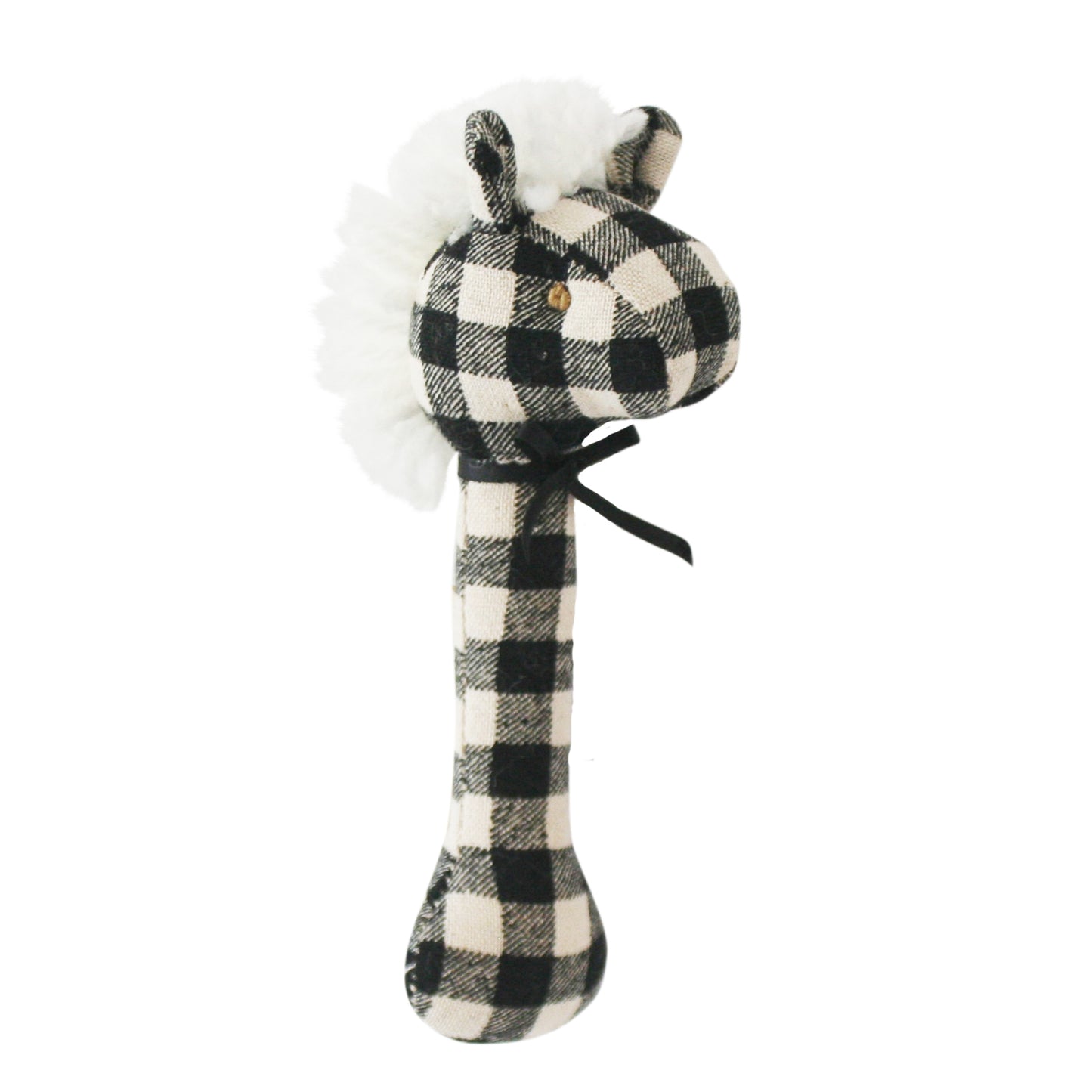 Black and white checkered fabric horse stick rattle with a soft mane and small orange eyes.
