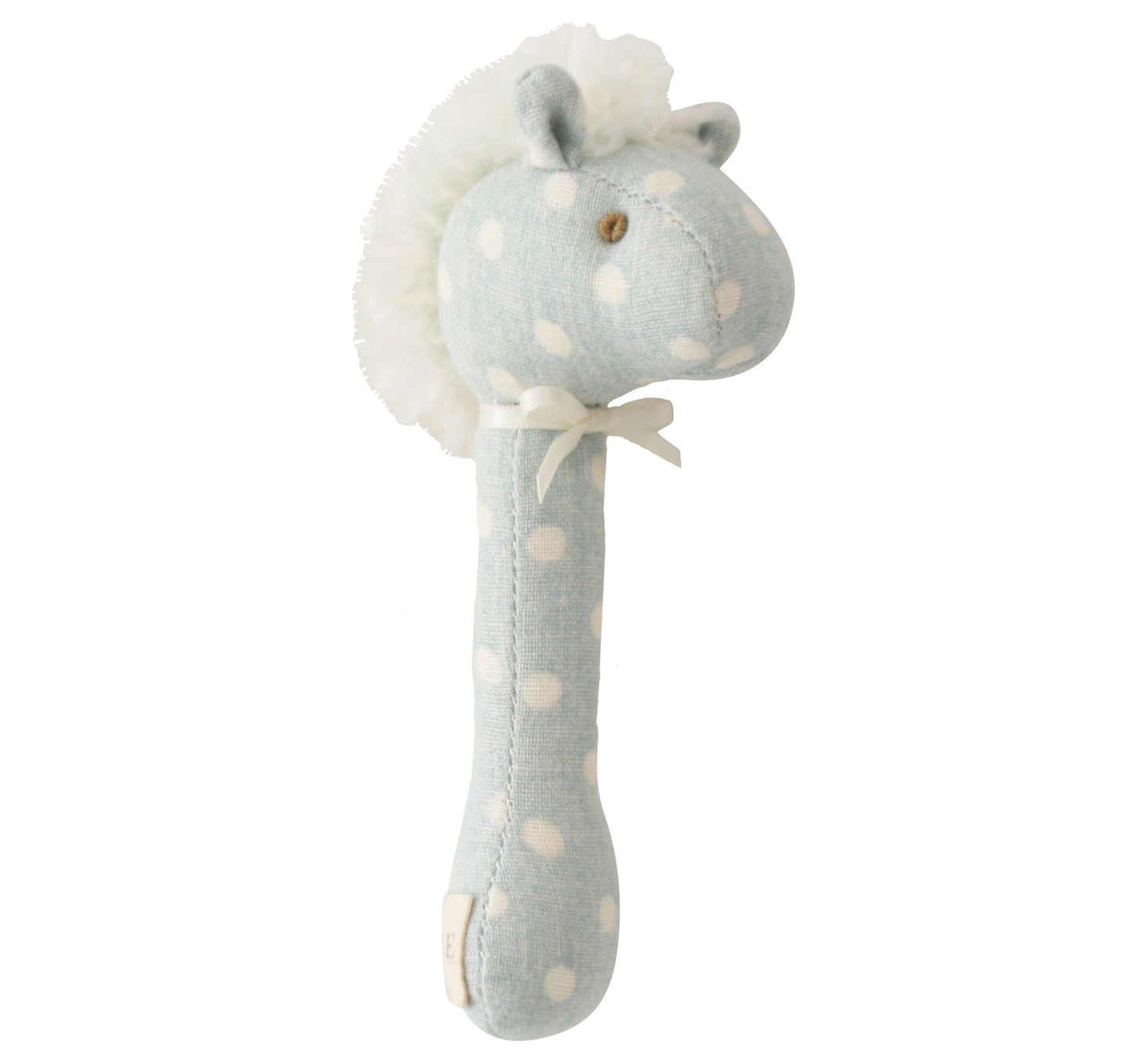 Horse stick rattle in duck egg blue with polka dots, perfect for baby's first toys and safe for mouthing.