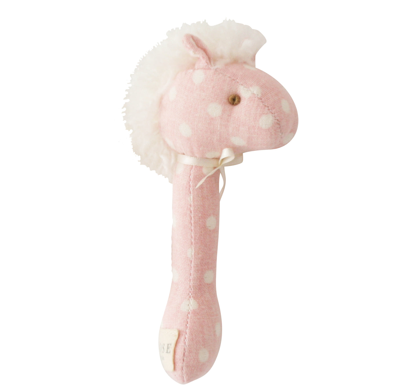 Pink plush horse stick rattle with white polka dots and fluffy white mane.