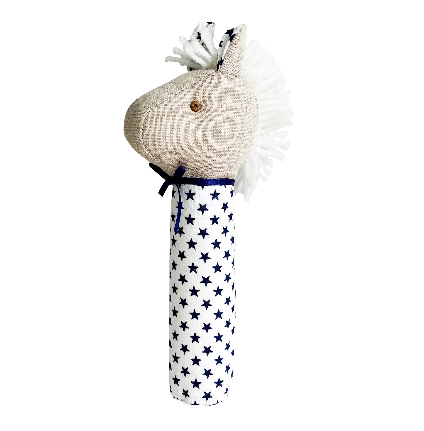 Soft horse squeaker toy in white with navy stars, safe for babies to explore and enjoy.