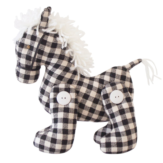 Alimrose Jointed Pony in black check fabric, 22cm tall, featuring buttoned legs and a soft yarn mane for kids' play.