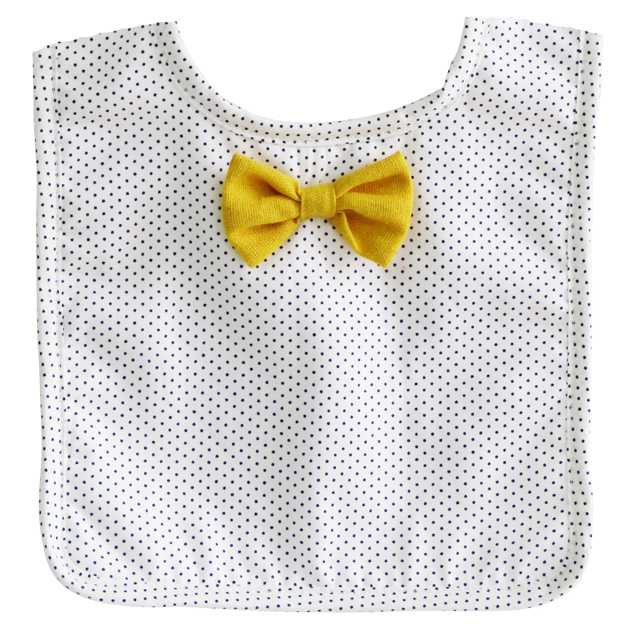 White baby bib with navy pinspot pattern and attached yellow bow tie.