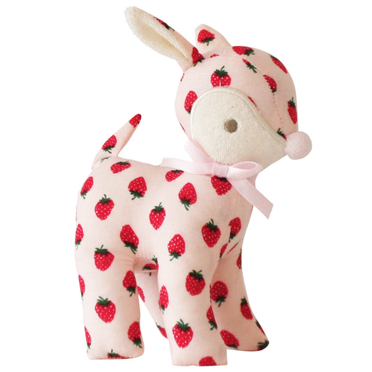 Adorable Alimrose Baby Deer Rattle in strawberry print, soft and perfect for tiny hands, ideal first toy for babies.