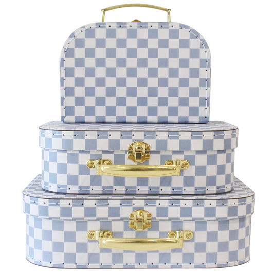 Alimrose Kids Carry Case Set in Blue Check, featuring three nesting suitcases with gold handles.