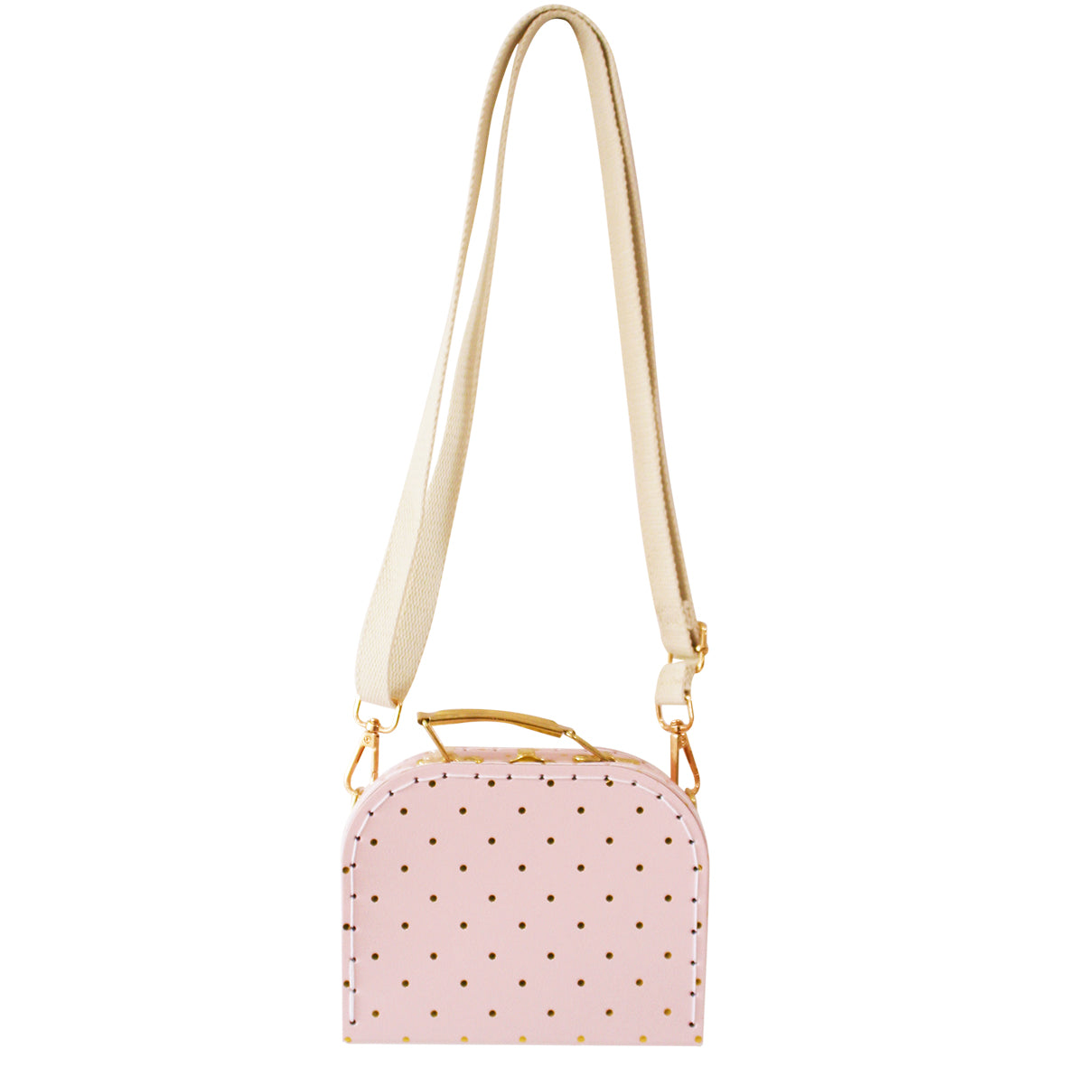 Alimrose Coco Cross Body Bag in pink with gold spots, perfect for little fashionistas' adventures.
