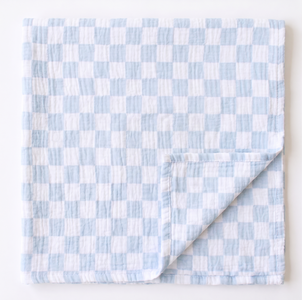 Soft muslin swaddle with light blue and white checkered pattern, lightweight and breathable fabric.