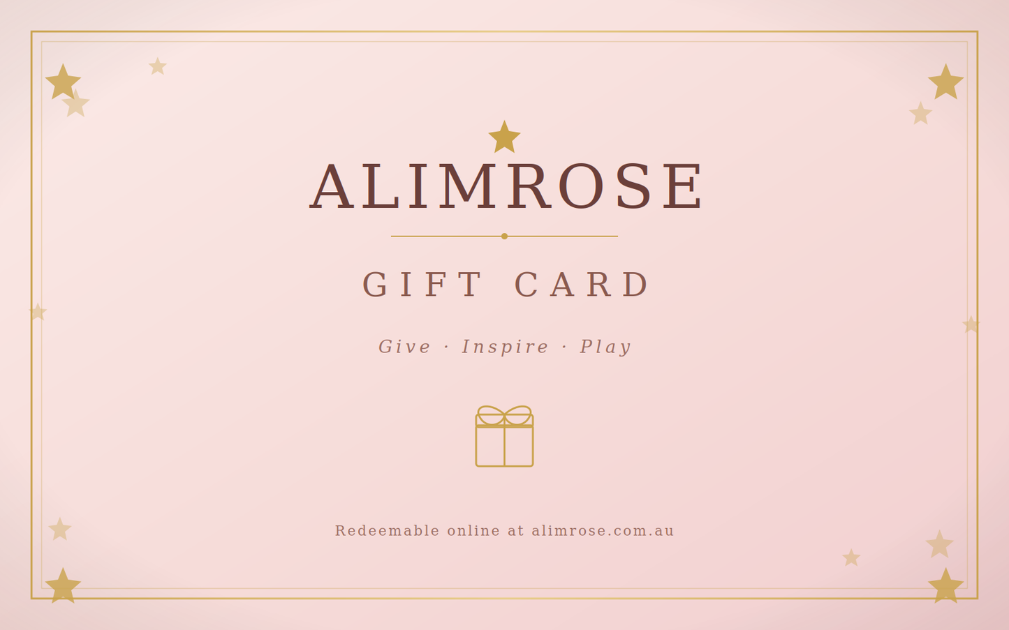 Pink rectangular gift card with gold stars border and text reading Alimrose Gift Card Give Inspire Play with a small gift.