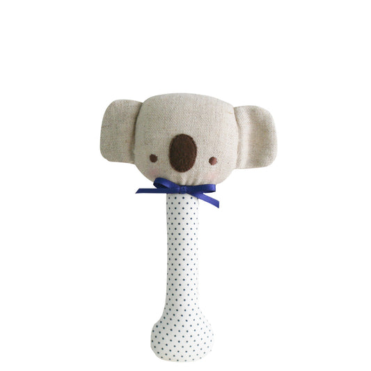 Baby Koala Stick Rattle in Navy Spot, lightweight and safe for infants, perfect first rattle for tiny hands.