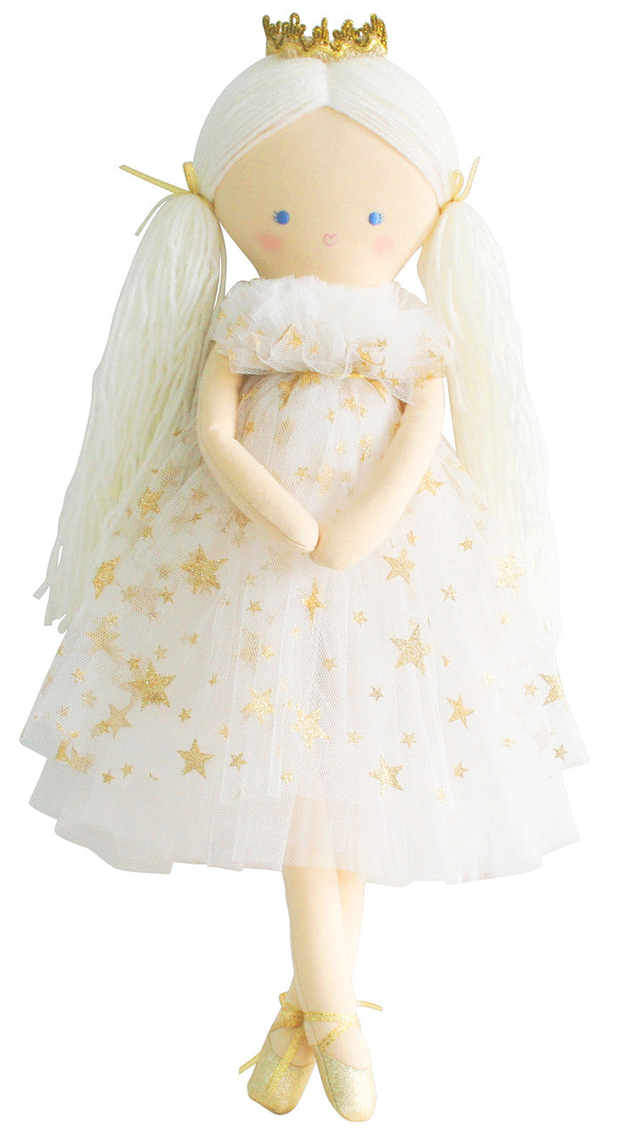 Penelope Princess doll with gold star tulle dress, golden crown, long yarn hair, and ballet shoes, perfect for girls age 3+.