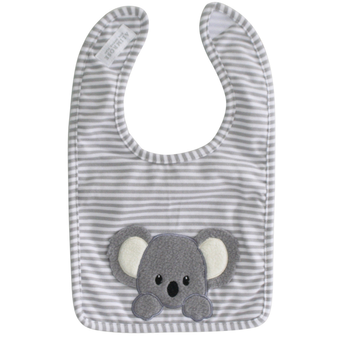 Baby Koala Bib in grey with sweet koala applique, made from soft polycotton, perfect for messy eaters.