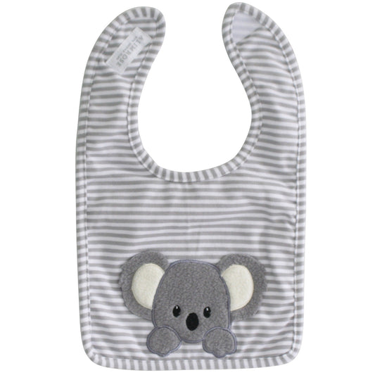 Baby Koala Bib in grey with sweet koala applique, made from soft polycotton, perfect for messy eaters.
