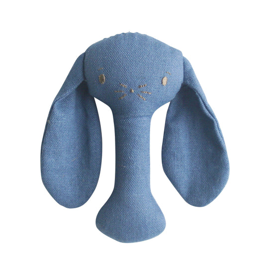 Bobby Bunny stick rattle in chambray linen, lightweight and safe for infants, ideal for tiny hands and gentle rattling.