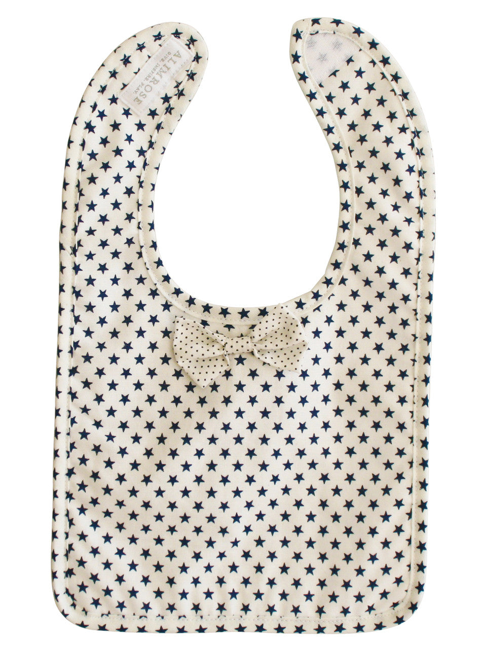 Alimrose Bow Tie Bib in white with navy stars and cotton bowtie, perfect for stylish mealtimes for babies.