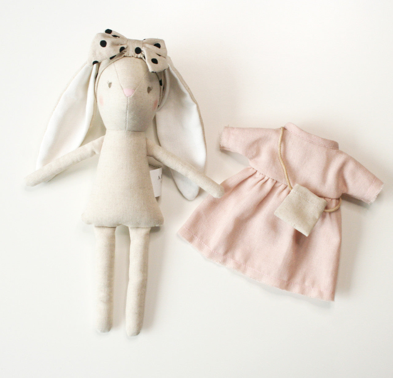 Alimrose Mini Sofia Bunny 27cm with removable pink dress and cross-body bag, perfect for cuddles and play.