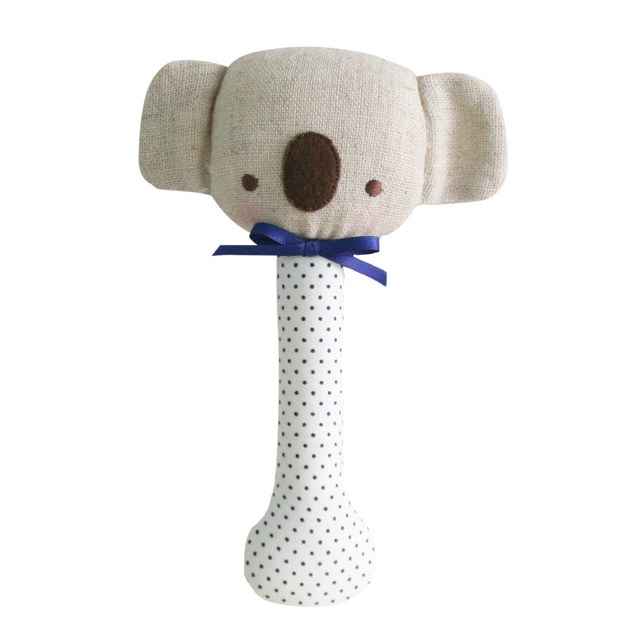 Baby Koala Stick Rattle in navy spot, perfect for tiny hands, lightweight, safe for mouthing, with gentle rattling noise.