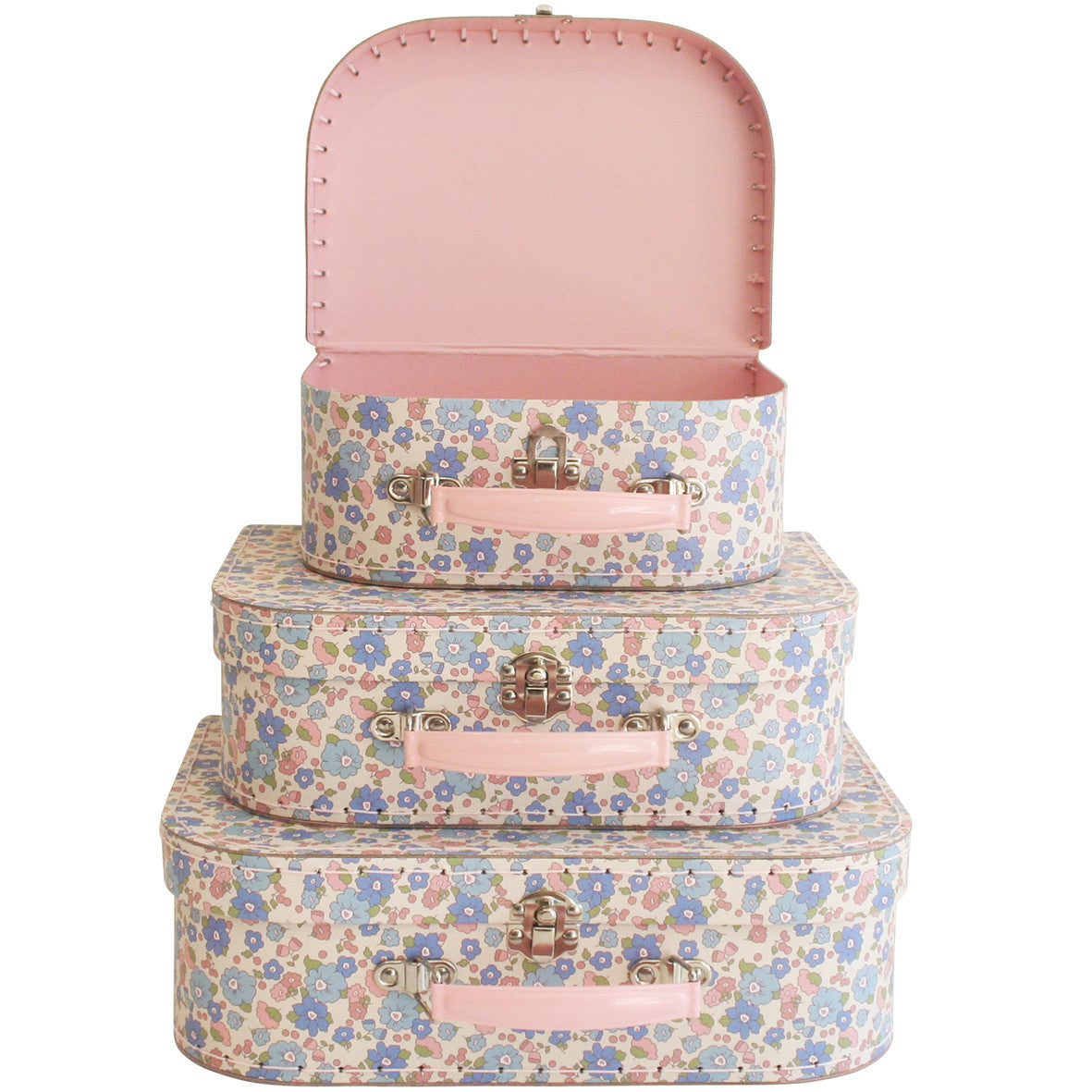 Kids Carry Case Set in Liberty Blue floral design, featuring three sizes: large, medium, and small for decor or play.