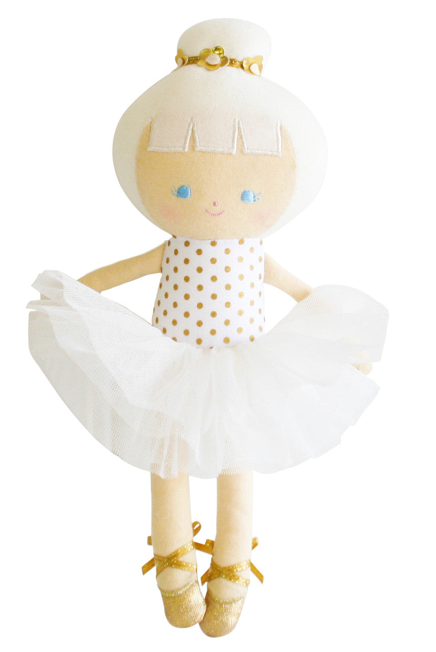 Baby ballerina doll 25cm with gold spot bodice and fluffy tulle tutu, perfect for children aged 3 and up.