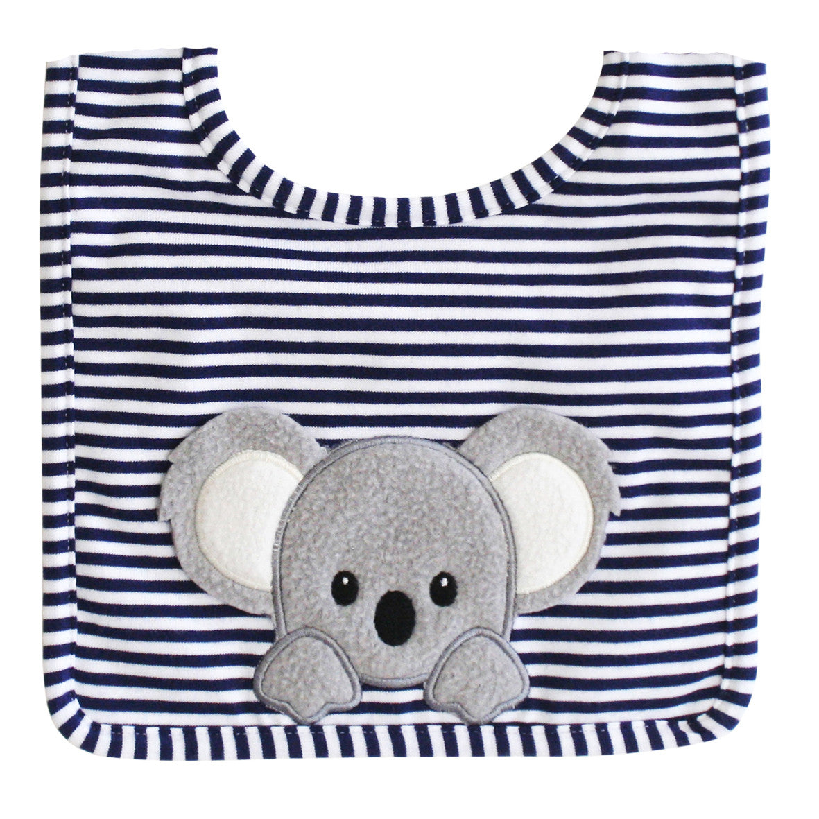 Navy Baby Koala Bib with cute koala applique, striped design, machine washable, gentle Velcro closure.