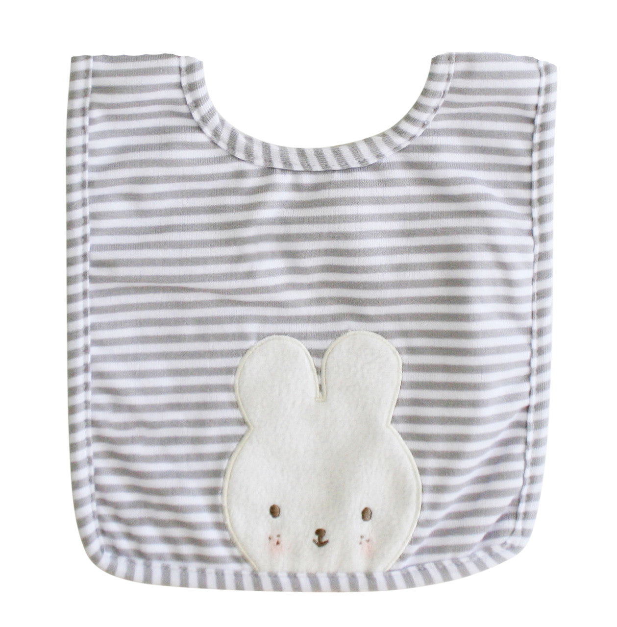 Cute grey striped baby bib with bunny applique design, perfect for mealtime. Made of polycotton, machine washable.