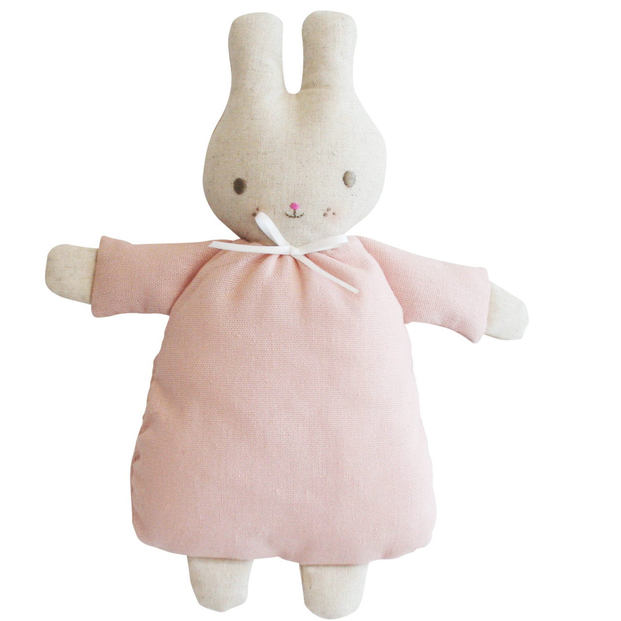 Riley Bunny Rattle 24cm in pink, soft linen cotton, perfect gift for newborns, features embroidered face and lightweight body.