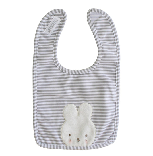 Cute Baby Bunny Bib in Grey with striped pattern and applique design, perfect for mealtime.