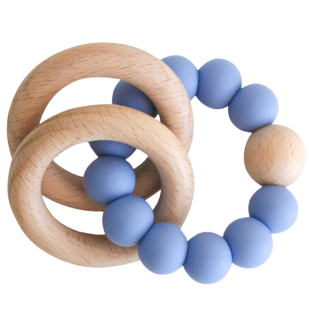 Beechwood teether ring set in blue with silicone beads for soothing gums, eco-friendly, non-toxic, and baby-safe.