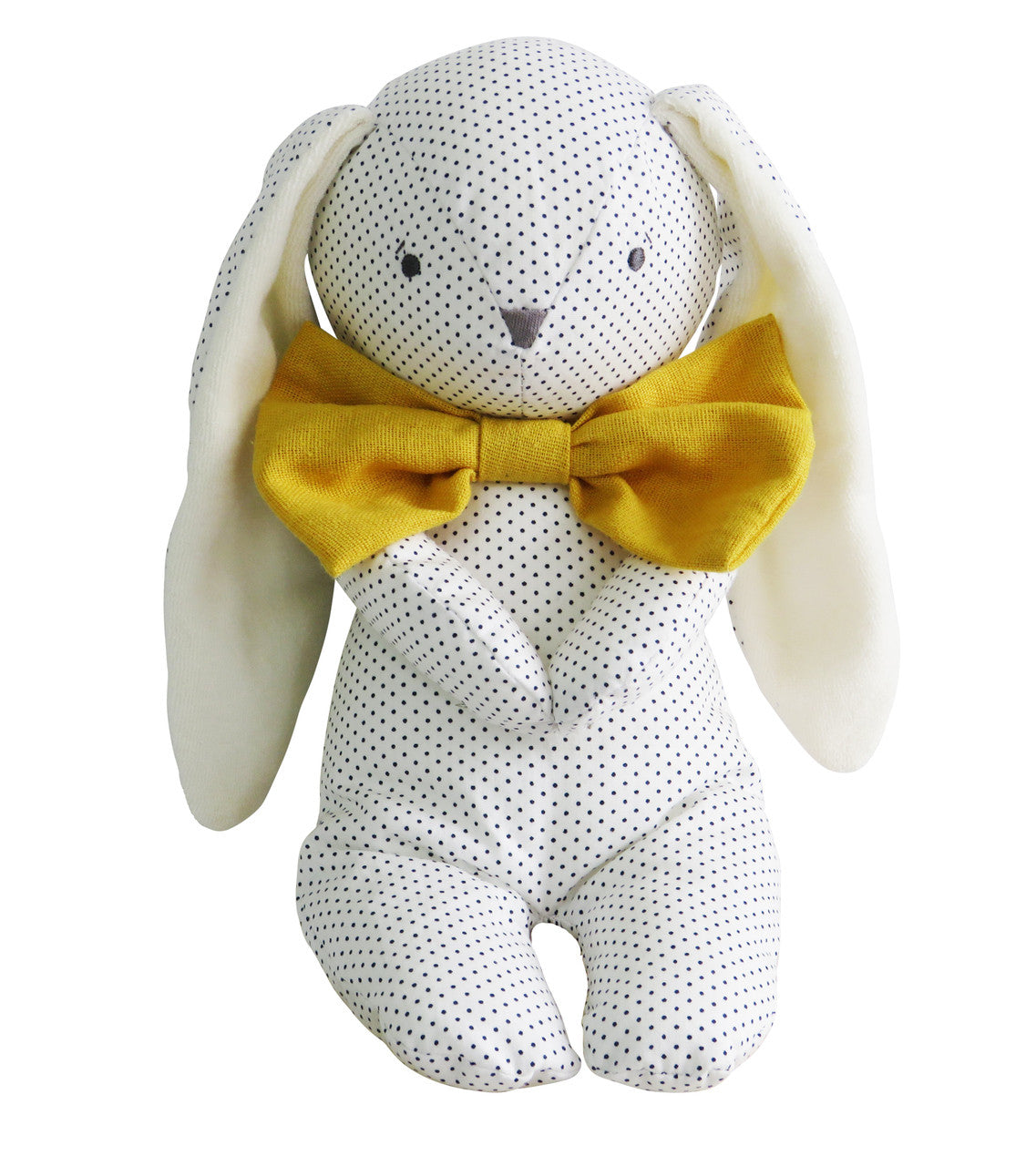 Roberto Floppy Bunny toy in navy spot fabric with yellow bow tie, soft and cuddly, suitable for ages 3 months and up.