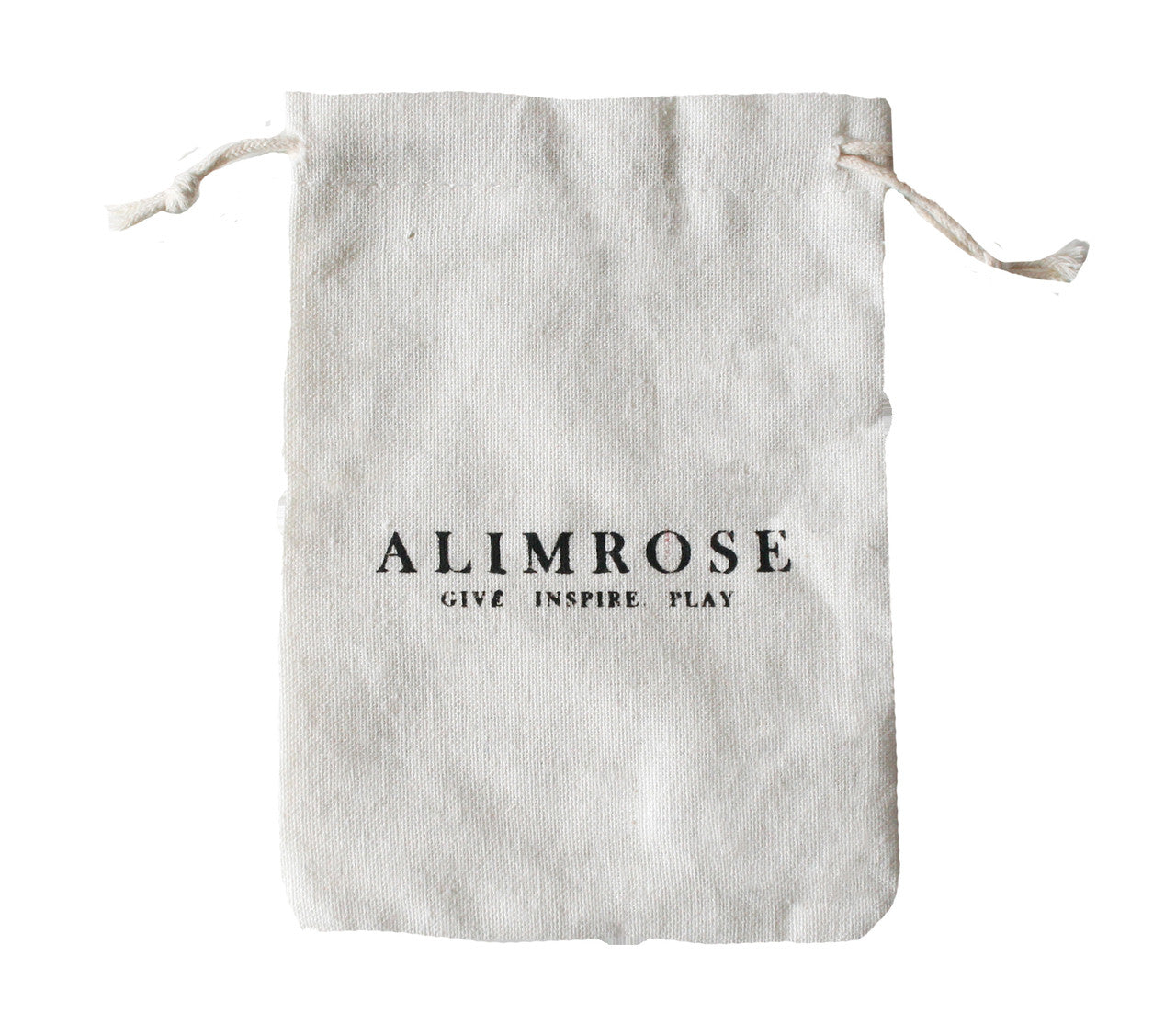 Cotton gift bag featuring 'Alimrose' logo with tagline 'Give Inspire Play', perfect for eco-friendly gifts.