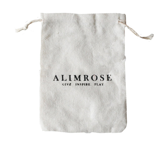 Cotton gift bag featuring 'Alimrose' logo with tagline 'Give Inspire Play', perfect for eco-friendly gifts.