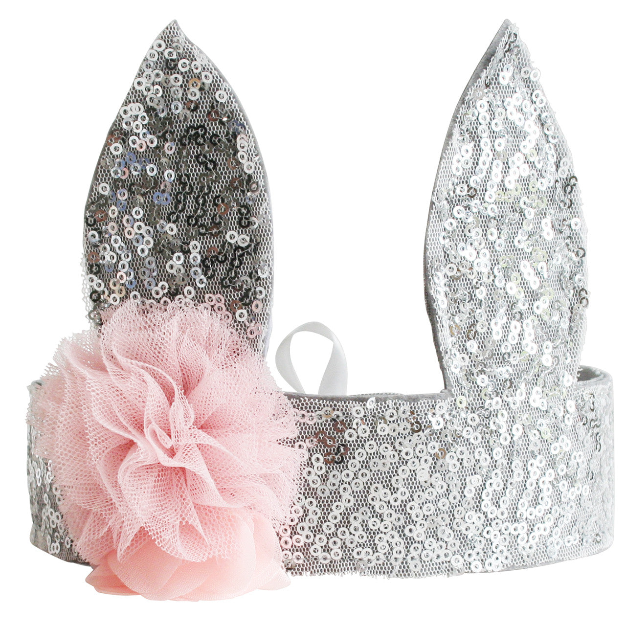 Sparkly silver sequin bunny crown with pink flower, adjustable for kids aged 3 and up, perfect for playtime.