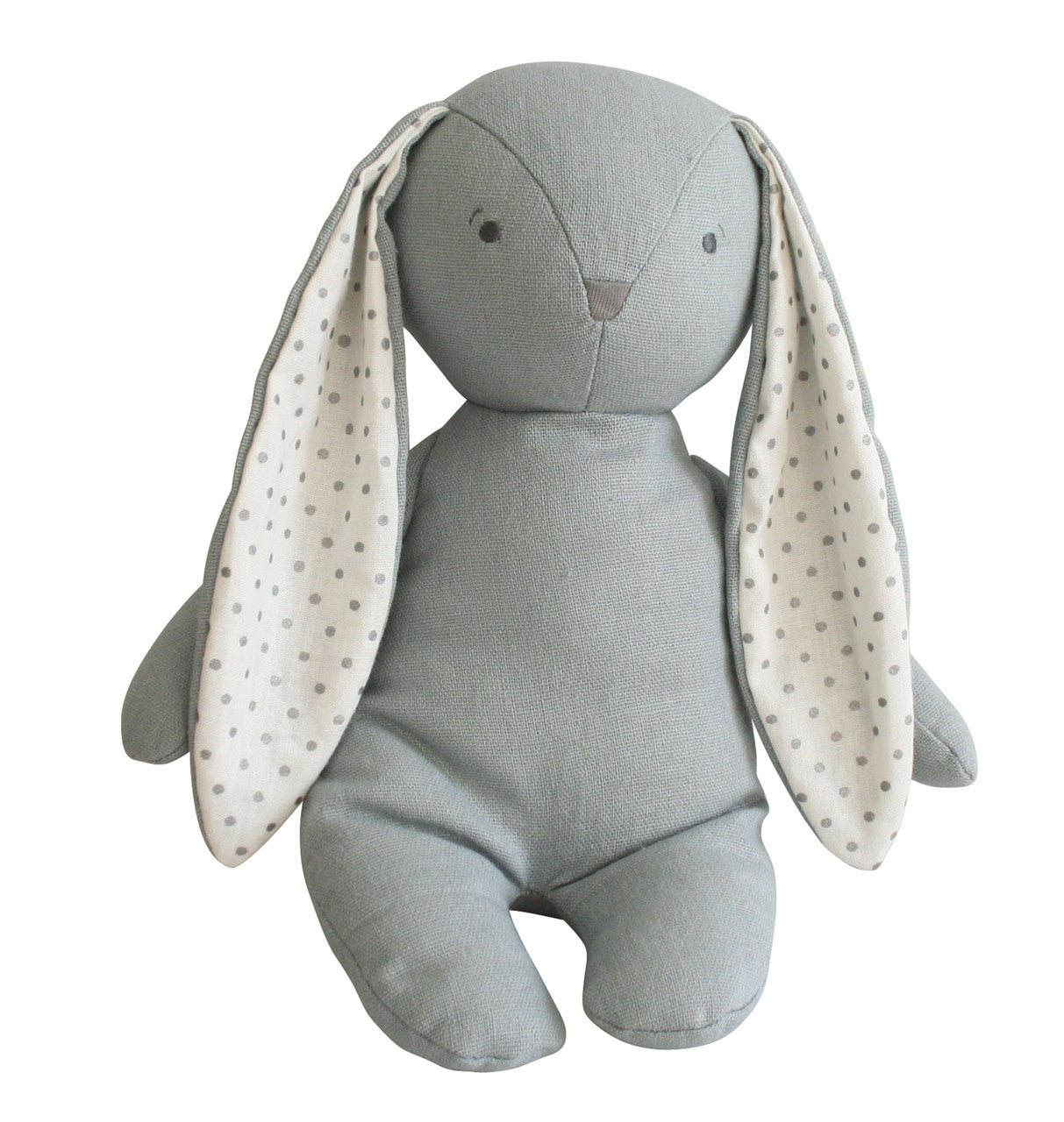 Alimrose Bobby Floppy Bunny 25cm grey linen plush toy with polka dot ears, perfect snuggle buddy for kids.