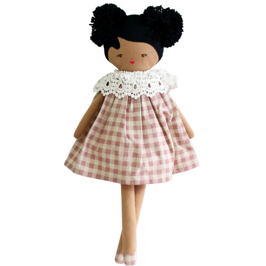 Alimrose Aggie Doll 45cm in rose check dress, featuring an embroidered face and unique handcrafted design.