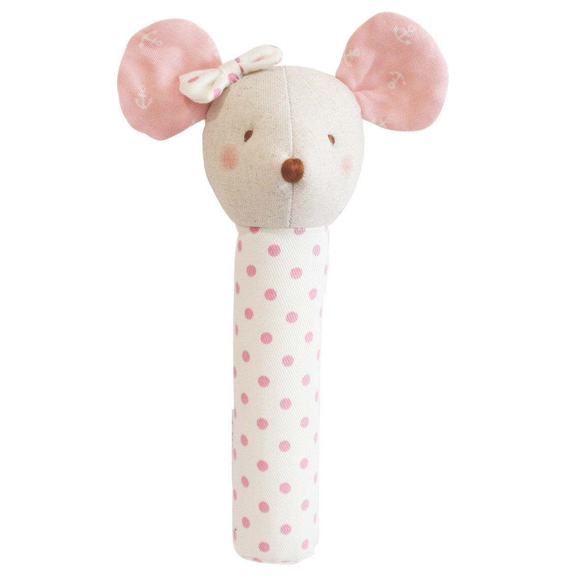 Cute pink mouse squeaker toy designed for infants, encourages grasping and squeaking sounds for early development.