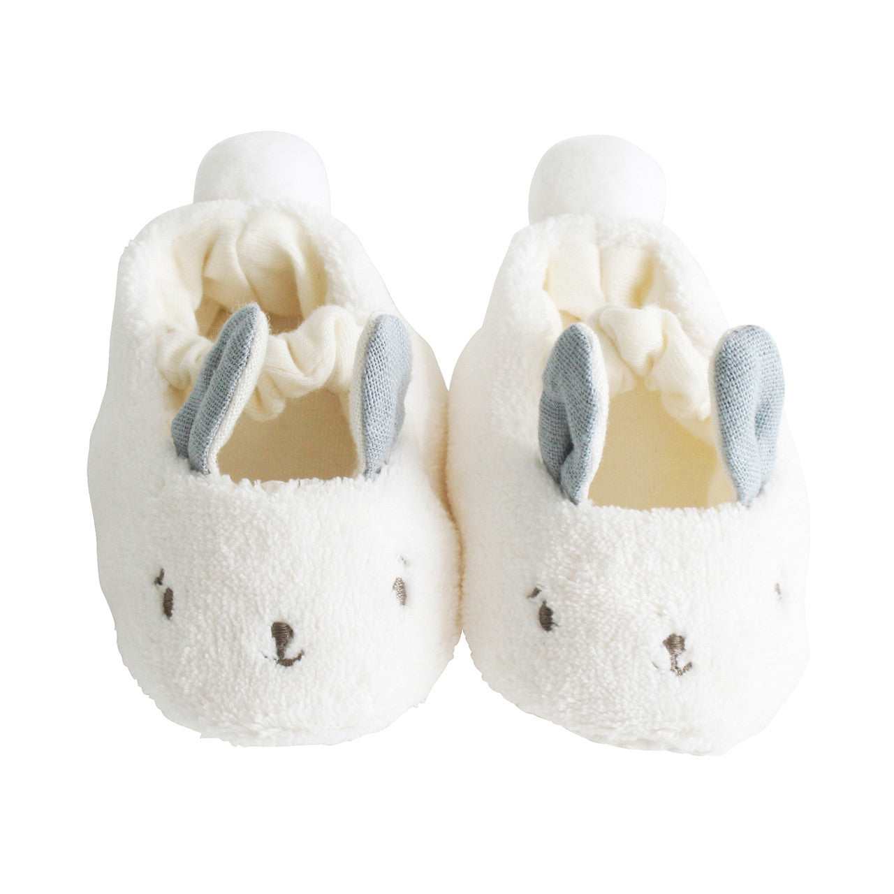 Snuggle Bunny Slippers in grey for newborns, measuring 10cm, perfect for ages 0-6 months, cute cotton rabbit design.