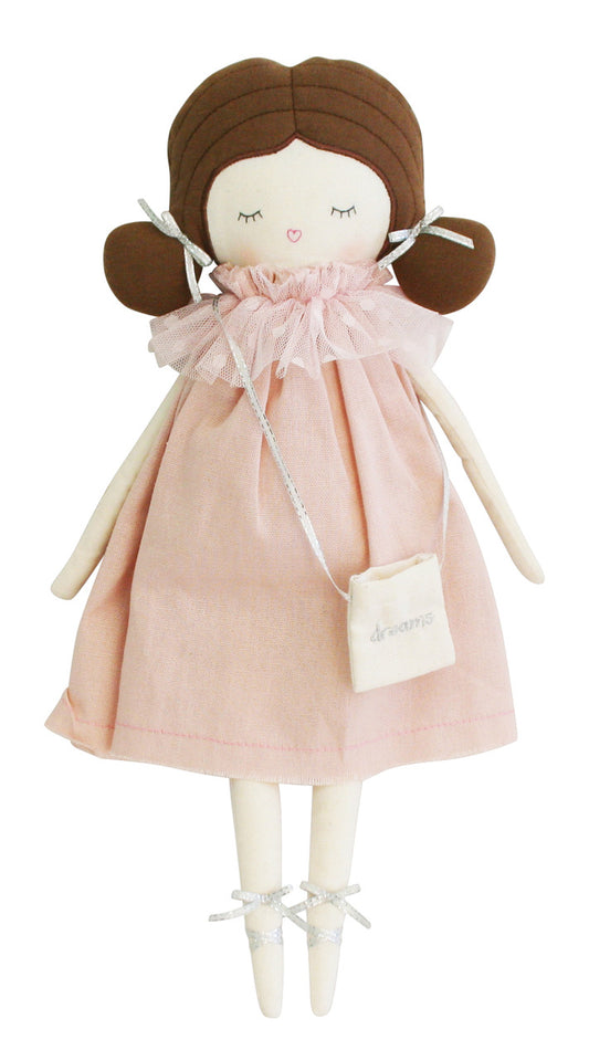 Emily Dreams Doll in pink dress with ribbons, perfect toy for girls aged 3 and up. Features cute handbag and embroidered face.