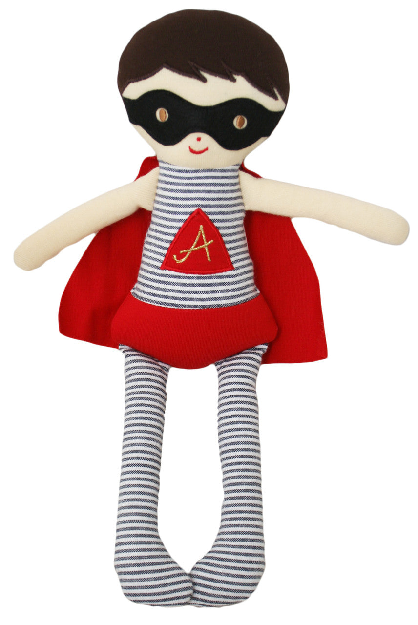 Soft Super Hero Doll Rattle (28cm) for babies, cotton outer, cuddly, with rattle inside, suitable from 3 months.