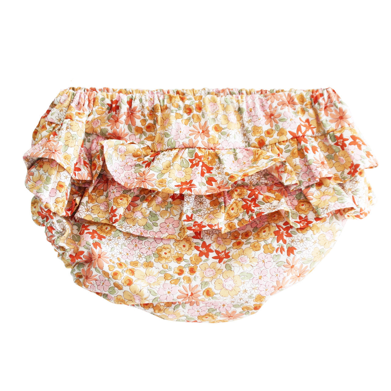 Ruffle bloomers in Sweet Marigold floral pattern for babies 6-12 months, made from 100% cotton and machine washable.
