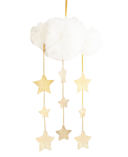Ivory tulle cloud mobile with gold sparkly stars, perfect for nursery decor, 25cm wide cloud, 38cm stars.