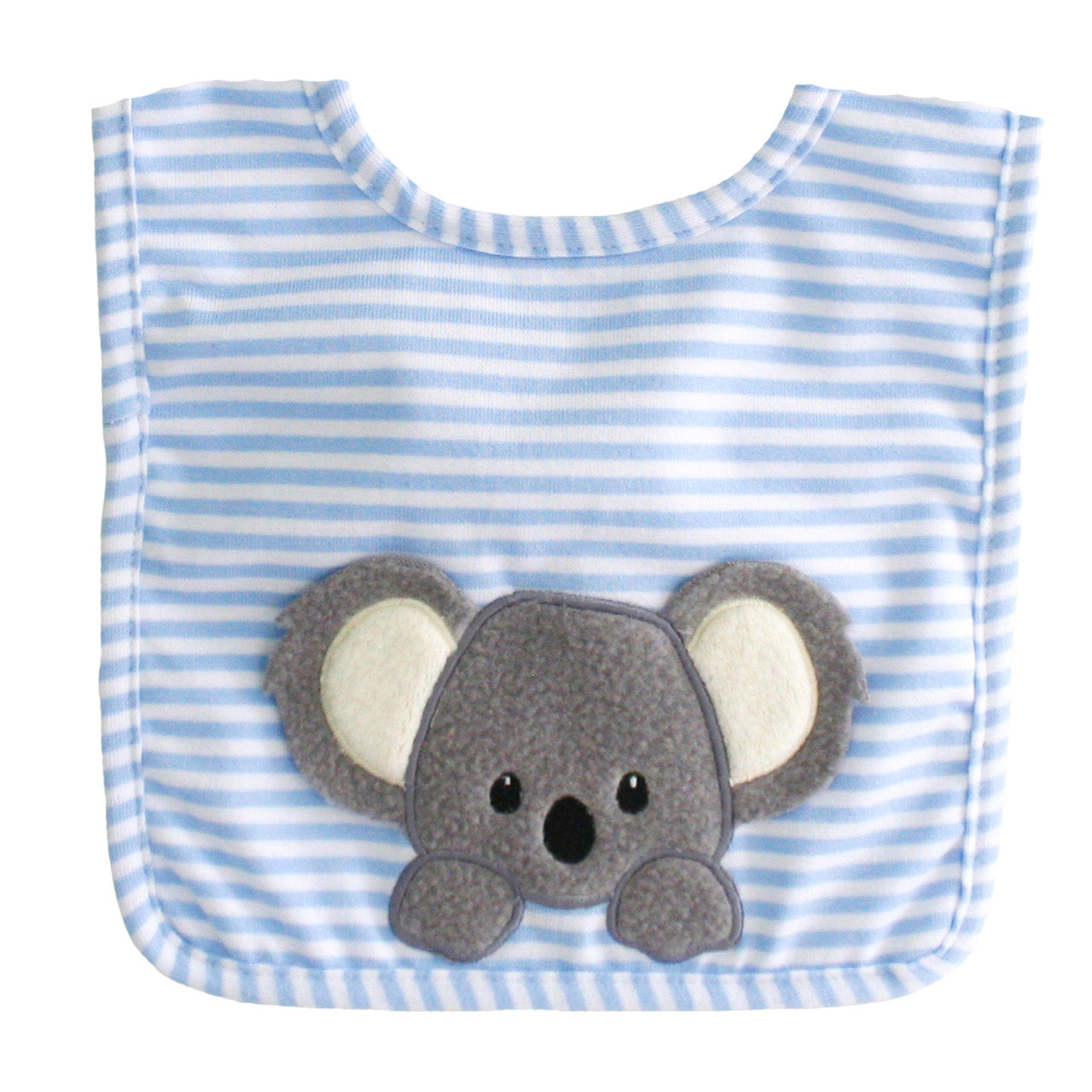 Baby Koala Bib in blue stripes with cute koala applique, perfect for newborns, machine washable and safe Velcro closure.